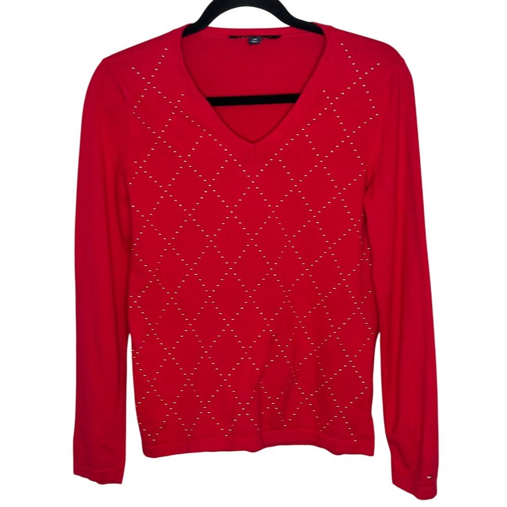 Tommy Hilfiger Red V-Neck Sweater with Gold Bead Detail Winter Party Holidays S